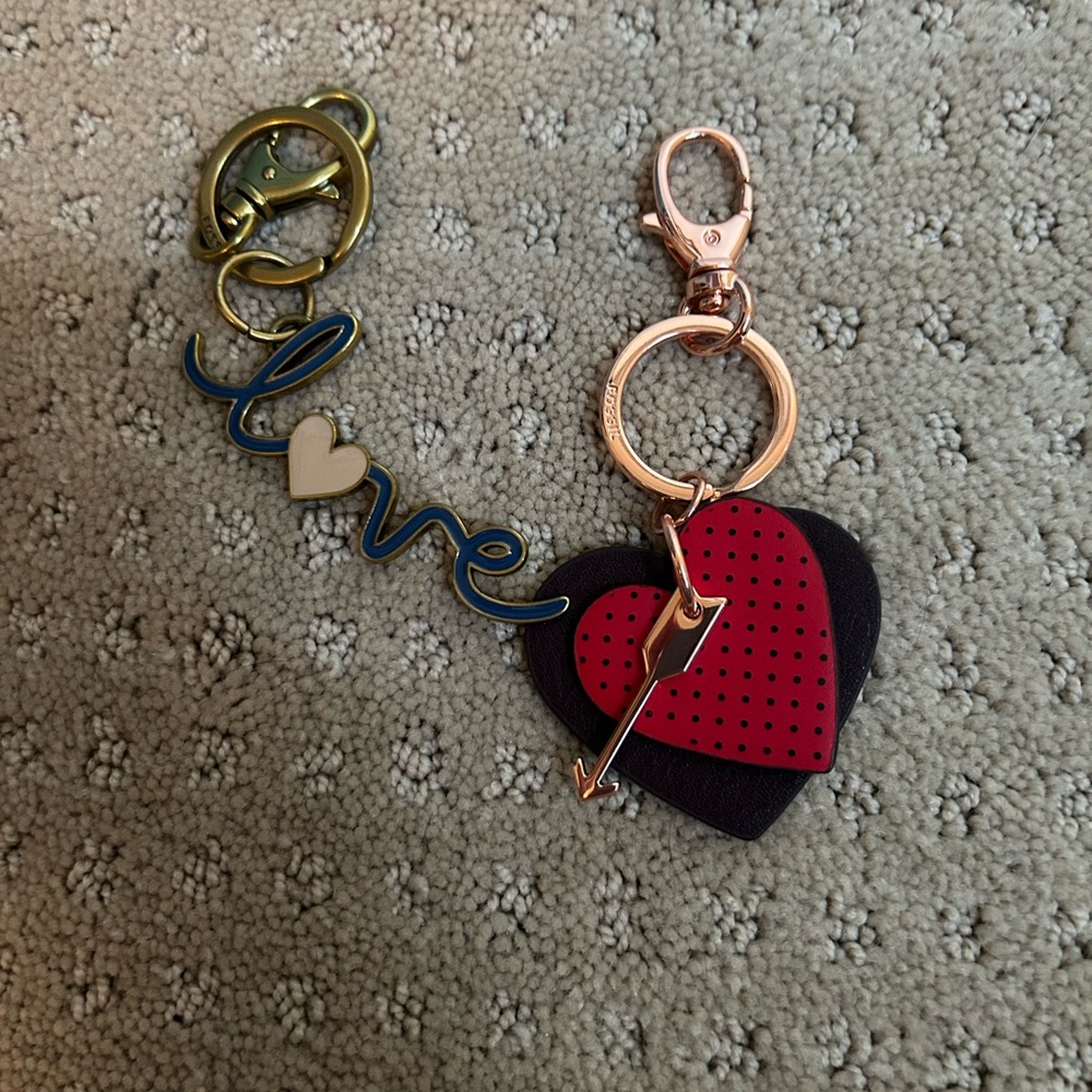 Fossil Red and Black Heart Keychain with Love Charm